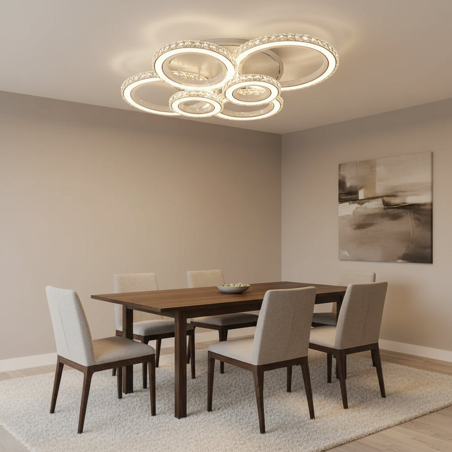 LED lustr s dálkovým ovládáním a krystalem NOVA ROTONDA RGB 145W, 6 kruhů, studené/teplé/neutrální světlo, stmívatelné, bílé křišťálové LED lustry Výchozí název Alessandro Design
