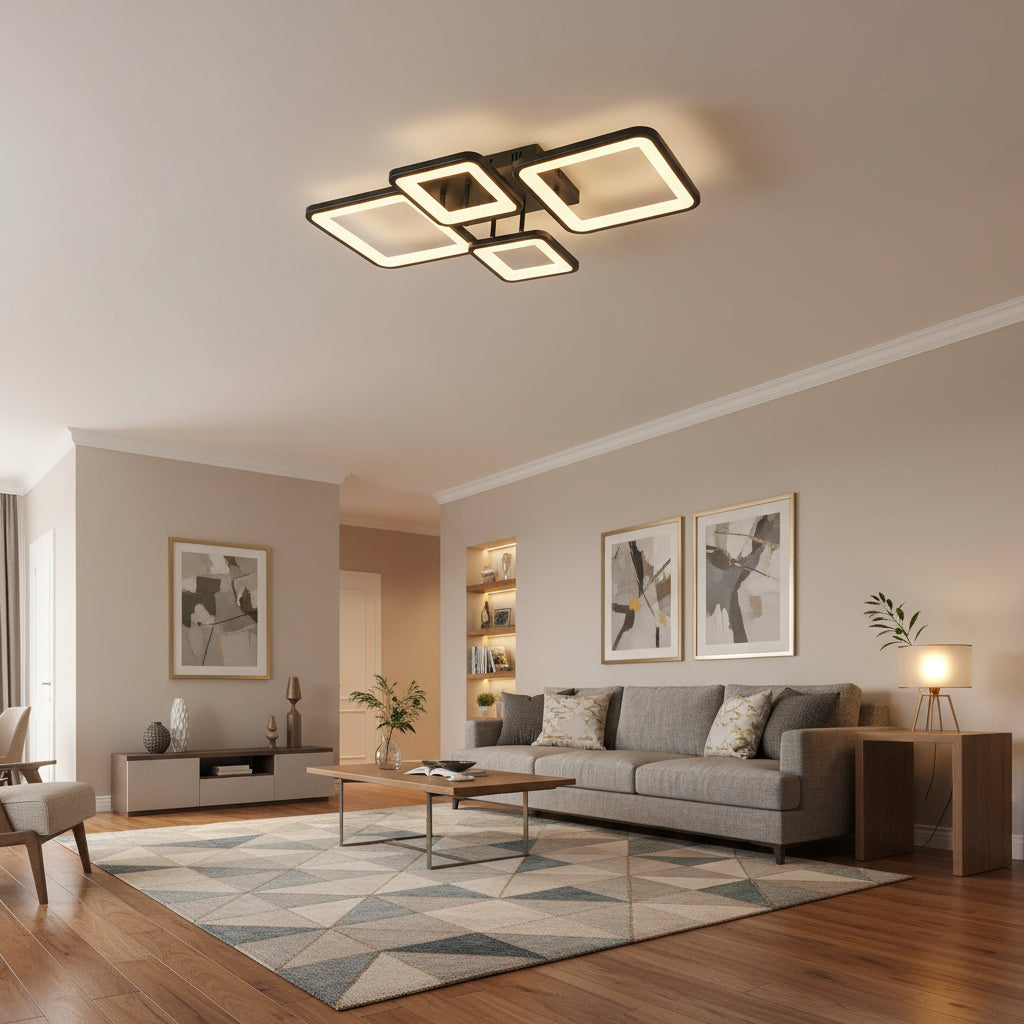 LED lustr s dálkovým ovládáním MUGE 112W, 4 čtverce, studené/teplé/neutrální světlo, stmívatelné, černé LED lustry s dálkovým ovládáním Výchozí název Alessandro Design