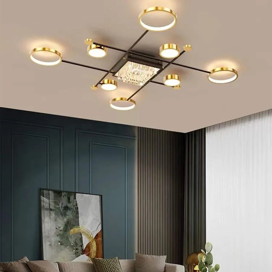 LED lustr s dálkovým ovládáním a krystalem MISEL 168W, 9 prvků, studené/teplé/neutrální světlo, stmívatelné, černé zlato LED lustry s dálkovým ovládáním Výchozí název Alessandro Design