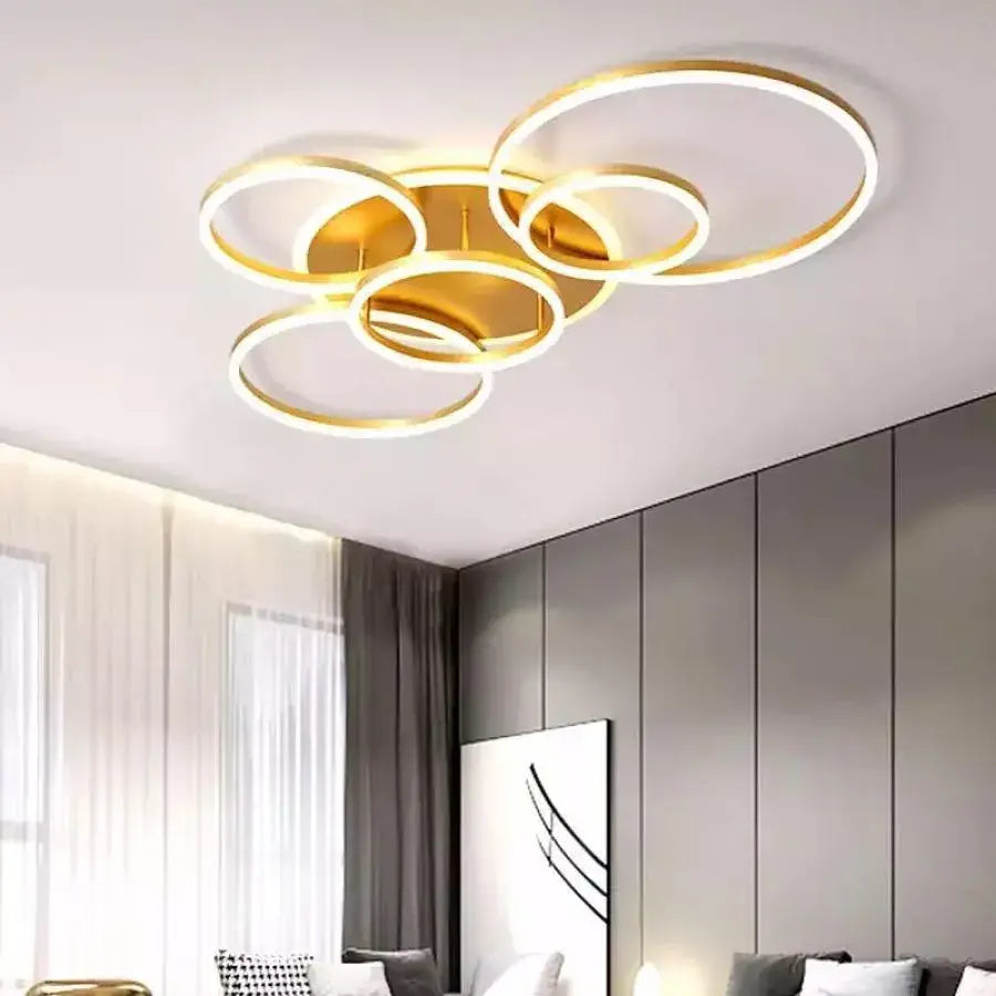 LED lustr s dálkovým ovládáním LYRA 248W, 5 kruhů, studené/teplé/neutrální světlo, stmívatelné, kartáčované zlato LED lustry s dálkovým ovládáním Výchozí název Alessandro Design