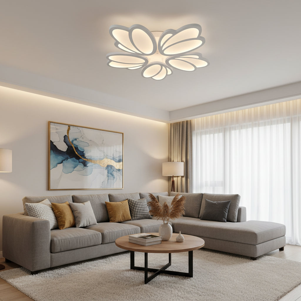 LED lustr s dálkovým ovládáním TULIP 81W, 5 okvětních lístků, studené/teplé/neutrální světlo, stmívatelné, bílý LED lustr s dálkovým ovládáním Výchozí název Alessandro Design