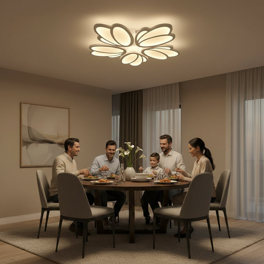 LED lustr s dálkovým ovládáním TULIP 81W, 5 okvětních lístků, studené/teplé/neutrální světlo, stmívatelné, bílý LED lustr s dálkovým ovládáním Výchozí název Alessandro Design