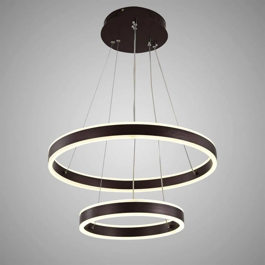Závěsný LED lustr s dálkovým ovládáním OLATHE 180W, 2 kruhy, Studené/Teplé/Neutrální světlo, Stmívatelné, Hnědé, Výškově nastavitelné