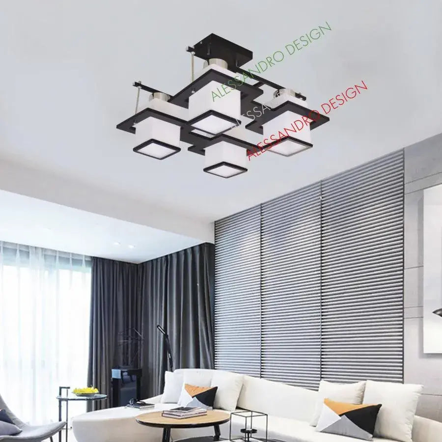 Klasický lustr Aramis se dřevem, čtvercové stínidlo, 4 X E27 zásuvka, bílá / černá Klasické lustry Výchozí název Alessandro Design