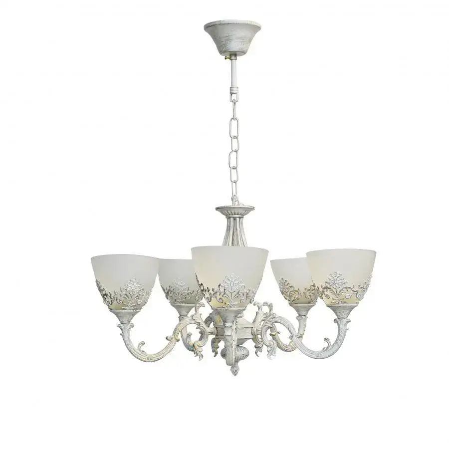 VINTAGE Lustr, Závěsný typ s rameny, COTTAGE, Kruhový, 5xE27, Sklo a kov, Bílý Klasické Lustry Výchozí název Alessandro Design