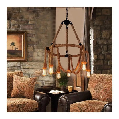 Rustikální strunový lustr 6x E27 kruhové lano zavěšené vintage lustry Výchozí název Alessandro Design