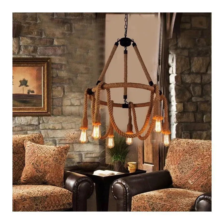 Rustikální strunový lustr 6x E27 kruhové lano zavěšené vintage lustry Výchozí název Alessandro Design