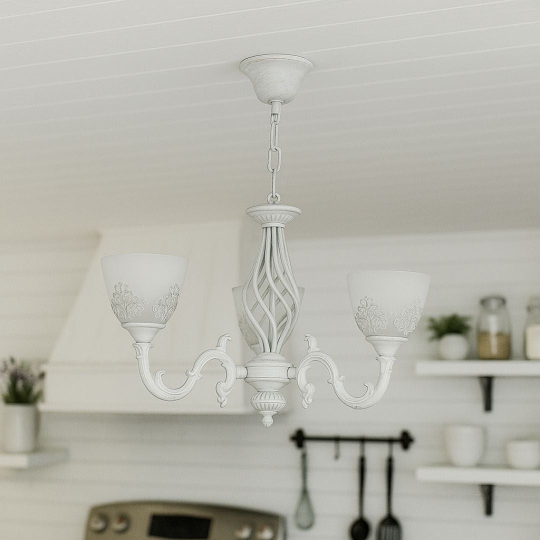 VINTAGE Lustr, Závěsný typ s rameny, COTTAGE, Kruhový, 3xE27, Sklo a kov, Bílý Klasické Lustry Výchozí název Alessandro Design