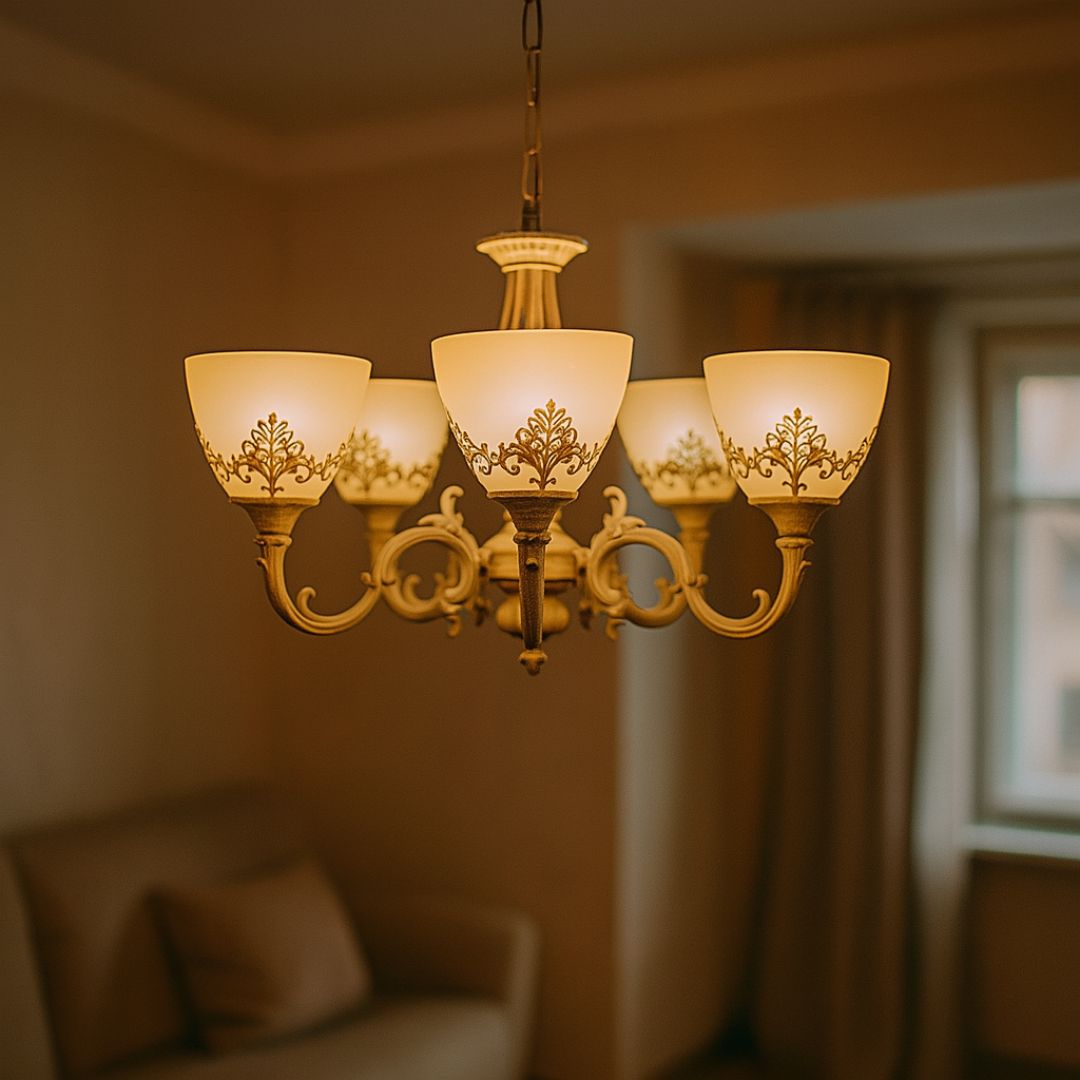VINTAGE Lustr, Závěsný typ s rameny, COTTAGE, Kruhový, 5xE27, Sklo a kov, Bílý Klasické Lustry Výchozí název Alessandro Design