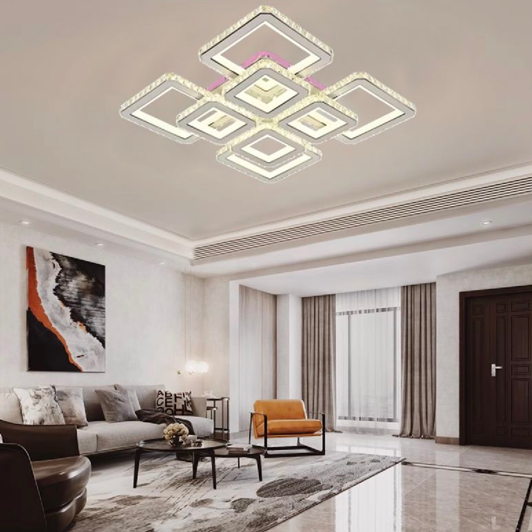 LED lustr s dálkovým ovládáním a krystalem LEILA 175W, 8 čtverců, studené/teplé/neutrální světlo, stmívatelný, lesklý bílý chrom LED lustry s dálkovým ovládáním Výchozí název Alessandro Design