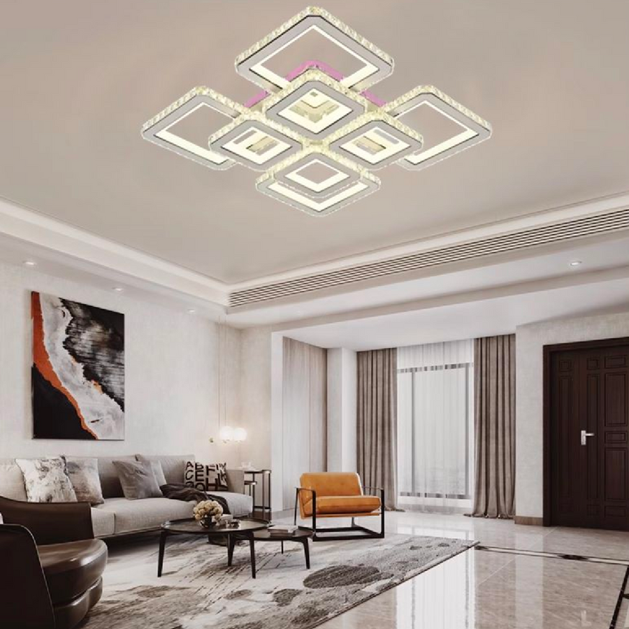 LED lustr s dálkovým ovládáním a krystalem LEILA 175W, 8 čtverců, studené/teplé/neutrální světlo, stmívatelný, lesklý bílý chrom LED lustry s dálkovým ovládáním Výchozí název Alessandro Design