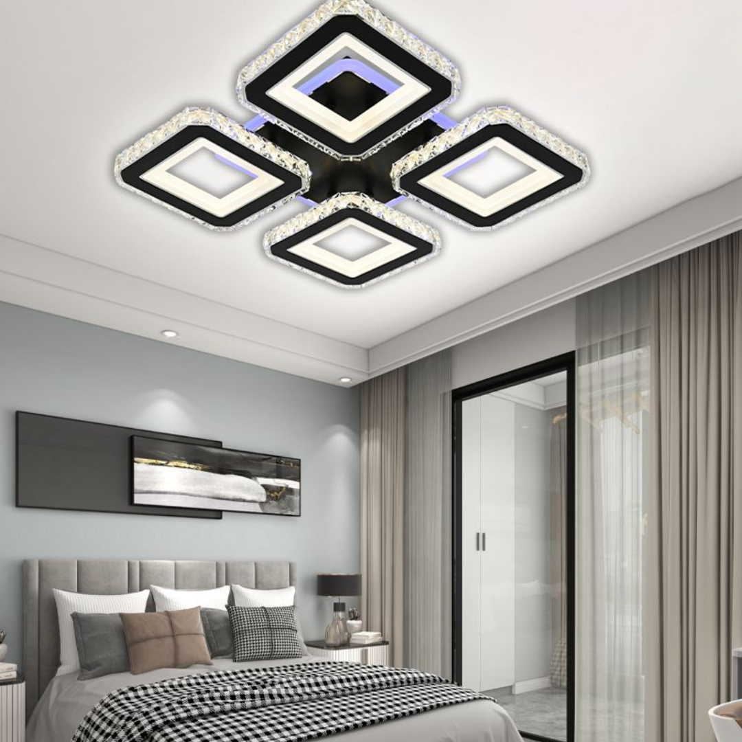 LED lustr s dálkovým ovládáním a krystalem LEILA RGB 69W, 4 čtverce, studené/teplé/neutrální světlo, stmívatelné, černé LED lustry s dálkovým ovládáním Výchozí název Alessandro Design