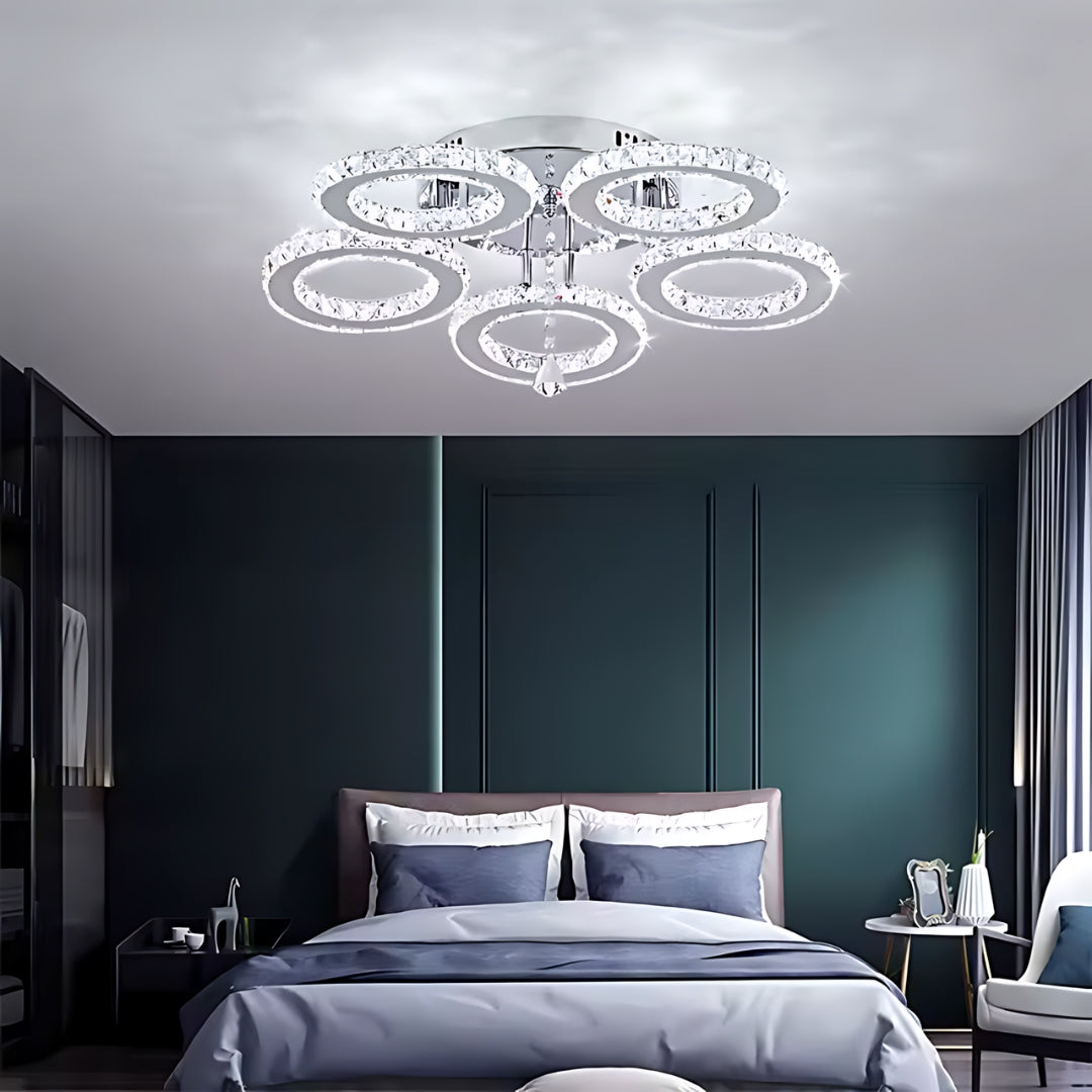 LED lustr s dálkovým ovládáním a křišťálovým ALANUBIS 80W, 5 kruhů, studené/teplé/neutrální světlo, stmívatelné, lesklý chrom Crystal LED lustry Výchozí název Alessandro Design