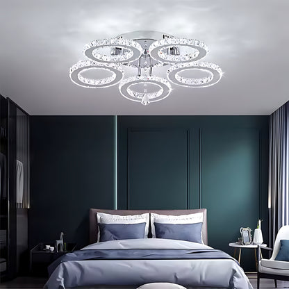 LED lustr s dálkovým ovládáním a křišťálovým ALANUBIS 80W, 5 kruhů, studené/teplé/neutrální světlo, stmívatelné, lesklý chrom Crystal LED lustry Výchozí název Alessandro Design