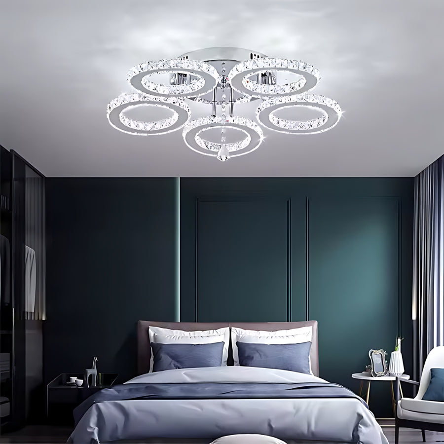 LED lustr s dálkovým ovládáním a křišťálovým ALANUBIS 80W, 5 kruhů, studené/teplé/neutrální světlo, stmívatelné, lesklý chrom Crystal LED lustry Výchozí název Alessandro Design