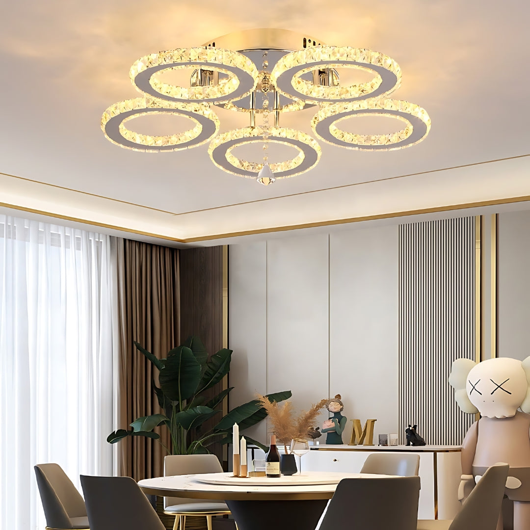 LED lustr s dálkovým ovládáním a křišťálovým ALANUBIS 80W, 5 kruhů, studené/teplé/neutrální světlo, stmívatelné, lesklý chrom Crystal LED lustry Výchozí název Alessandro Design
