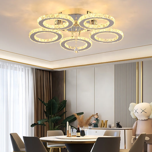 LED lustr s dálkovým ovládáním a křišťálovým ALANUBIS 80W, 5 kruhů, studené/teplé/neutrální světlo, stmívatelné, lesklý chrom Crystal LED lustry Výchozí název Alessandro Design