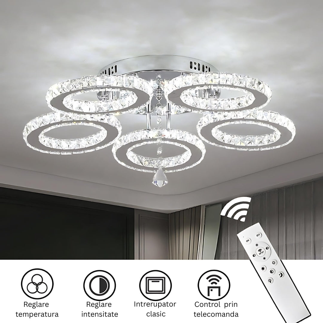 LED lustr s dálkovým ovládáním a křišťálovým ALANUBIS 80W, 5 kruhů, studené/teplé/neutrální světlo, stmívatelné, lesklý chrom Crystal LED lustry Výchozí název Alessandro Design