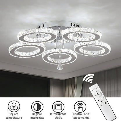 LED lustr s dálkovým ovládáním a křišťálovým ALANUBIS 80W, 5 kruhů, studené/teplé/neutrální světlo, stmívatelné, lesklý chrom Crystal LED lustry Výchozí název Alessandro Design