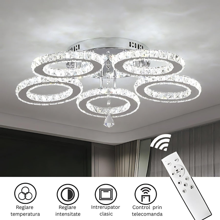 LED lustr s dálkovým ovládáním a křišťálovým ALANUBIS 80W, 5 kruhů, studené/teplé/neutrální světlo, stmívatelné, lesklý chrom Crystal LED lustry Výchozí název Alessandro Design