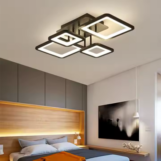 LED lustr s dálkovým ovládáním MUGE 112W, 4 čtverce, studené/teplé/neutrální světlo, stmívatelné, černé LED lustry s dálkovým ovládáním Výchozí název Alessandro Design
