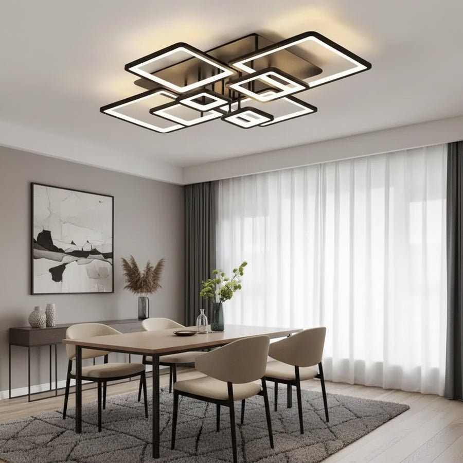 LED lustr s dálkovým ovládáním ELLA 186W, 8 čtverců, studené/teplé/neutrální světlo, stmívatelné, černé LED lustry s dálkovým ovládáním Výchozí název Alessandro Design