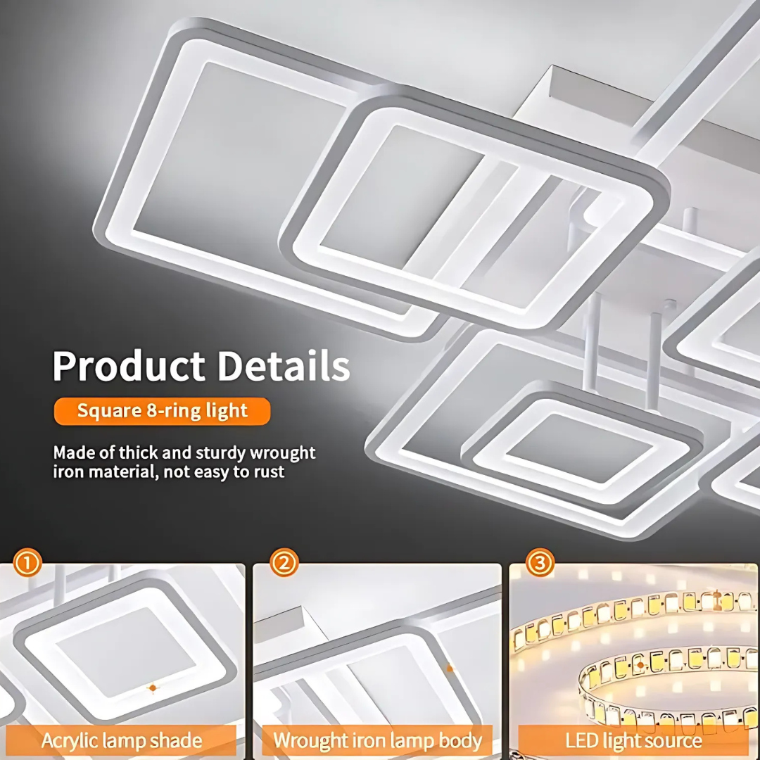 LED lustr s dálkovým ovládáním ELLA 187W, 8 čtverců, studené/teplé/neutrální světlo, stmívatelné, bílý LED lustr s dálkovým ovládáním Výchozí název Alessandro Design