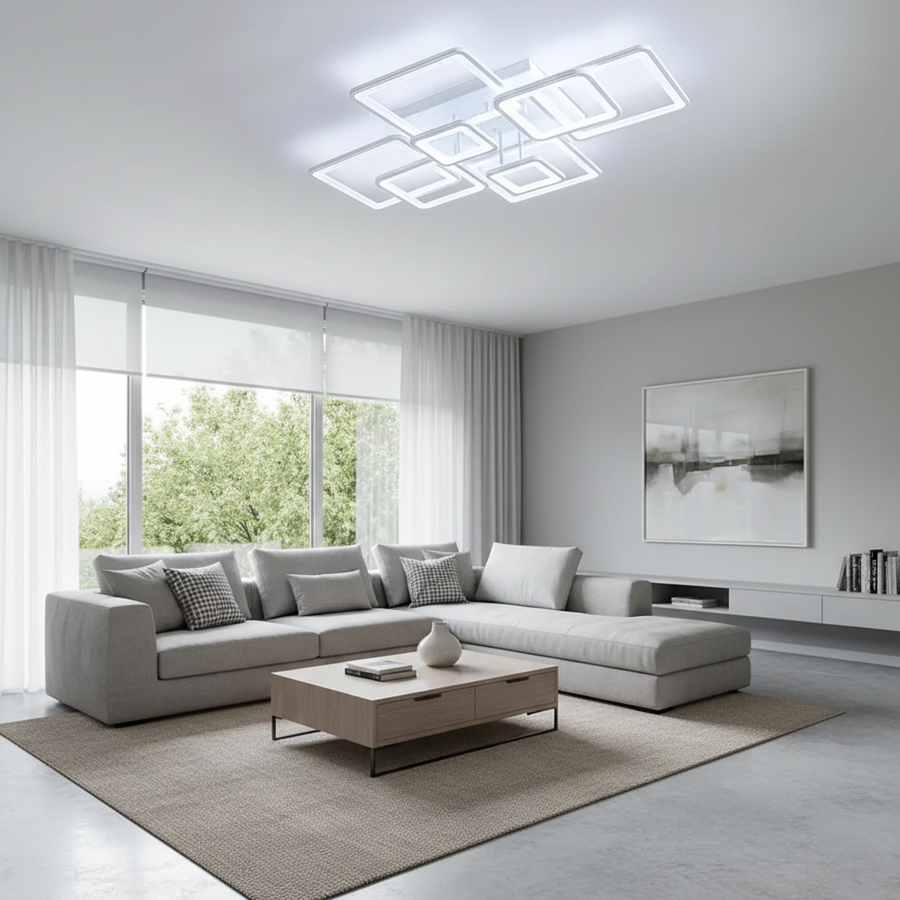 LED lustr s dálkovým ovládáním ELLA 187W, 8 čtverců, studené/teplé/neutrální světlo, stmívatelné, bílý LED lustr s dálkovým ovládáním Výchozí název Alessandro Design