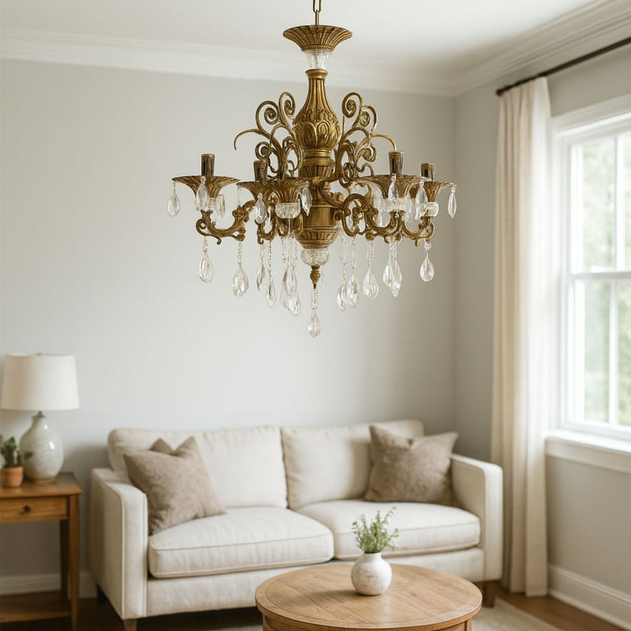 Křišťálový lustr SANSSOUCI Magno, 6xE14, průměr 62cm, starožitné mosazné klasické lustry Výchozí název Alessandro Design