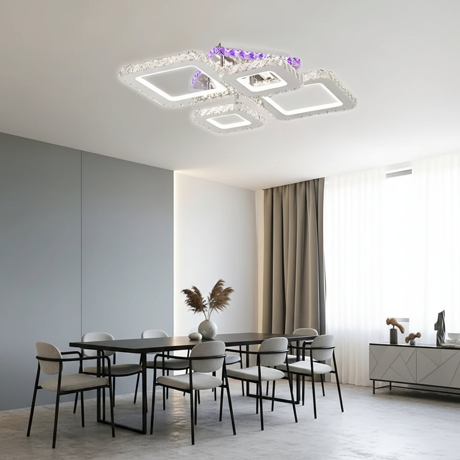 LED lustr s dálkovým ovládáním a krystalem NOVA RHOMBA RGB 95W, 4 čtverce, studené/teplé/neutrální světlo, stmívatelné, lesklý chrom LED lustry a krystaly Výchozí název Alessandro Design