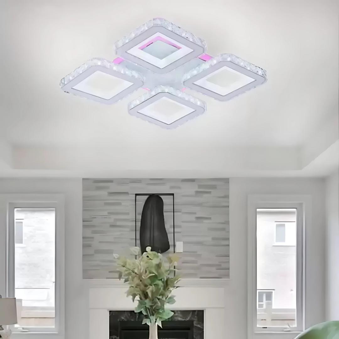 LED lustr s dálkovým ovládáním a krystalem LEILA RGB 69W, 4 čtverce, studené/teplé/neutrální světlo, stmívatelné, bílý LED lustr s dálkovým ovládáním Výchozí název Alessandro Design