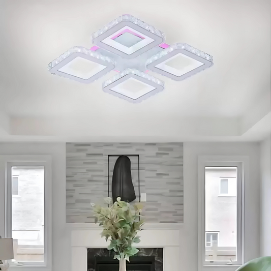 LED lustr s dálkovým ovládáním a krystalem LEILA RGB 69W, 4 čtverce, studené/teplé/neutrální světlo, stmívatelné, bílý LED lustr s dálkovým ovládáním Výchozí název Alessandro Design