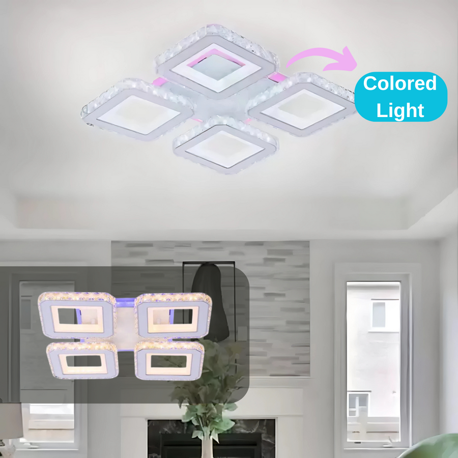 LED lustr s dálkovým ovládáním a krystalem LEILA RGB 69W, 4 čtverce, studené/teplé/neutrální světlo, stmívatelné, bílý LED lustr s dálkovým ovládáním Výchozí název Alessandro Design