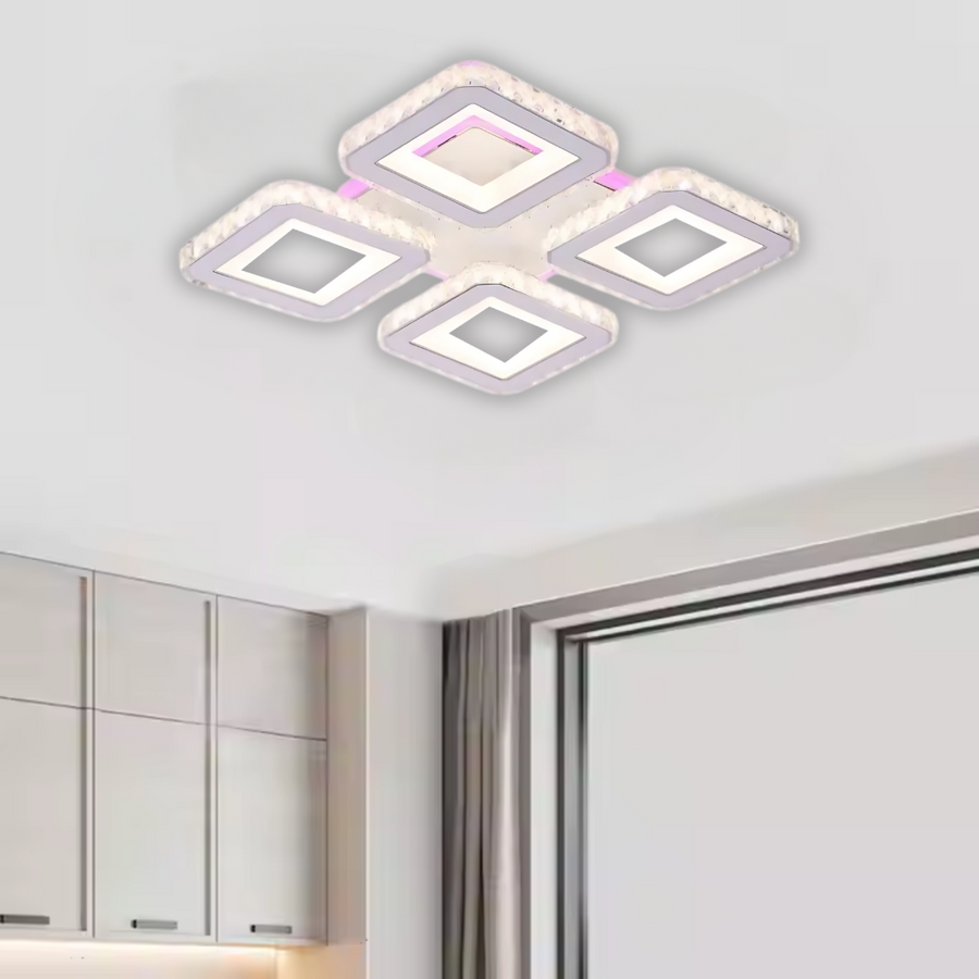LED lustr s dálkovým ovládáním a krystalem LEILA RGB 69W, 4 čtverce, studené/teplé/neutrální světlo, stmívatelné, bílý LED lustr s dálkovým ovládáním Výchozí název Alessandro Design
