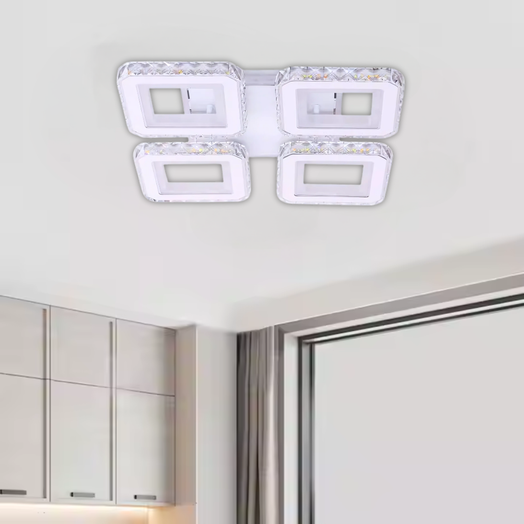 LED lustr s dálkovým ovládáním a krystalem LEILA RGB 69W, 4 čtverce, studené/teplé/neutrální světlo, stmívatelné, bílý LED lustr s dálkovým ovládáním Výchozí název Alessandro Design
