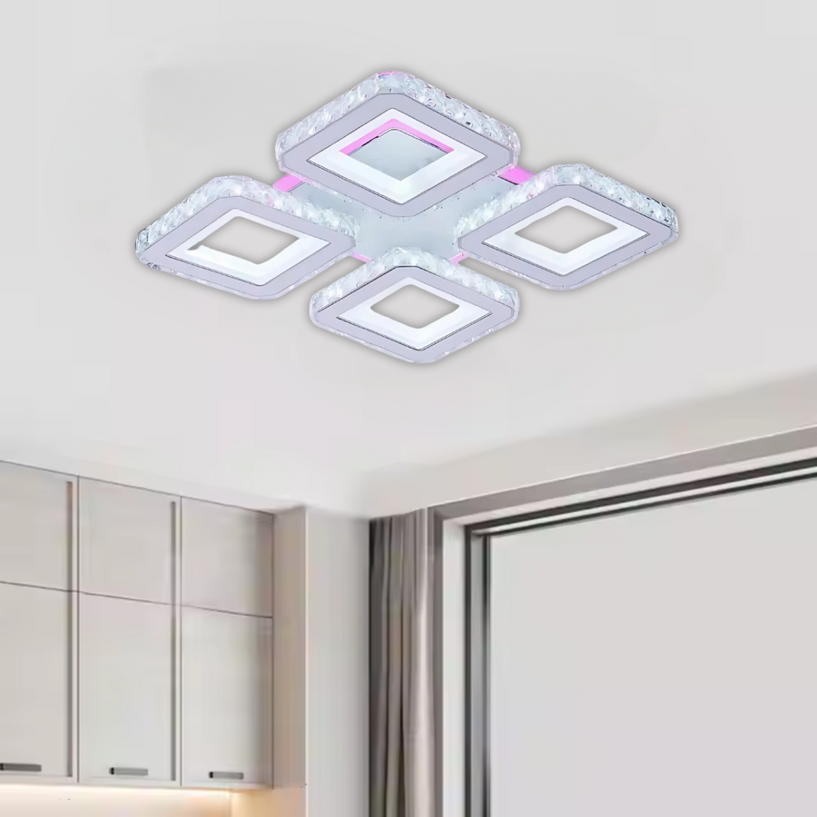 LED lustr s dálkovým ovládáním a krystalem LEILA RGB 69W, 4 čtverce, studené/teplé/neutrální světlo, stmívatelné, bílý LED lustr s dálkovým ovládáním Výchozí název Alessandro Design