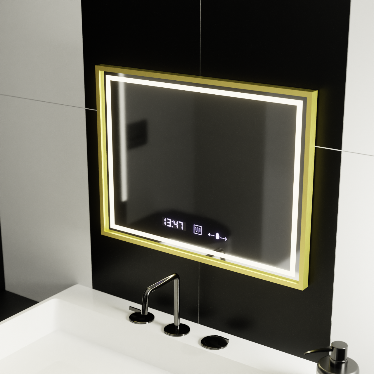 Obdélníkové LED zrcadlo, 80x60cm, Verite Royale Gold MotionGlow Marcello, systém odmlžování, hodiny a teploměr, stmívatelná zrcátka Marcello Výchozí název Alessandro Design