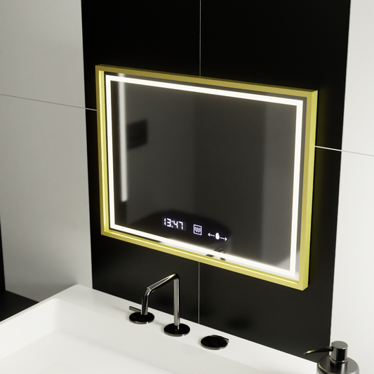 Obdélníkové LED zrcadlo, 80x60cm, Verite Royale Gold MotionGlow Marcello, systém odmlžování, hodiny a teploměr, stmívatelná zrcátka Marcello Výchozí název Alessandro Design