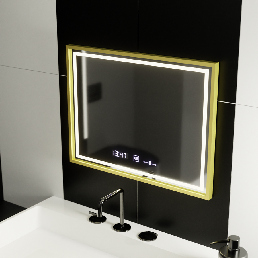 Obdélníkové LED zrcadlo, 80x60cm, Verite Royale Gold MotionGlow Marcello, systém odmlžování, hodiny a teploměr, stmívatelná zrcátka Marcello Výchozí název Alessandro Design