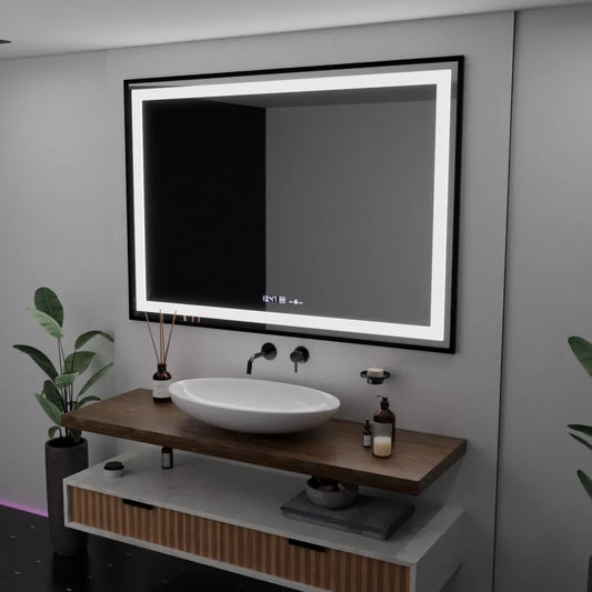 Obdélníkové LED zrcadlo, 100x65cm, Verite Majeste Noir Motion Glow Marcello, systém odmlžování, hodiny a teploměr, stmívatelná zrcátka Marcello Výchozí název Alessandro Design