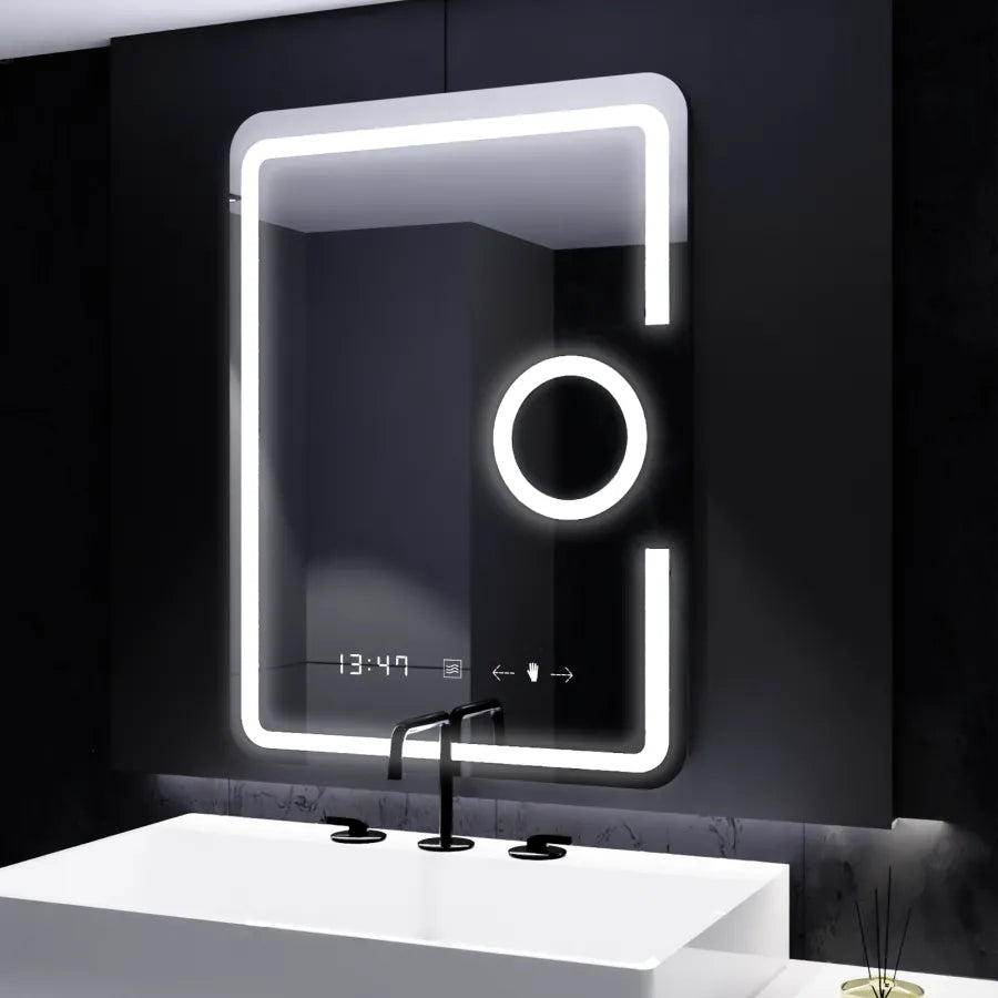 Obdélníkové LED zrcadlo, 60x80cm, Eclat MotionGlow Marcello, Hodiny a teploměr, Demister System, Kosmetická lupa, Dimabila Zrcadla Marcello Výchozí název Alessandro Design