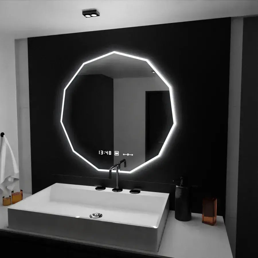 LED zrcadlo 60cm, POLIGON Sensor MotionGlow Marcello, Odmlžovací systém, Hodiny & Teploměr, Dimabila Zrcadla Marcello Výchozí název Alessandro Design