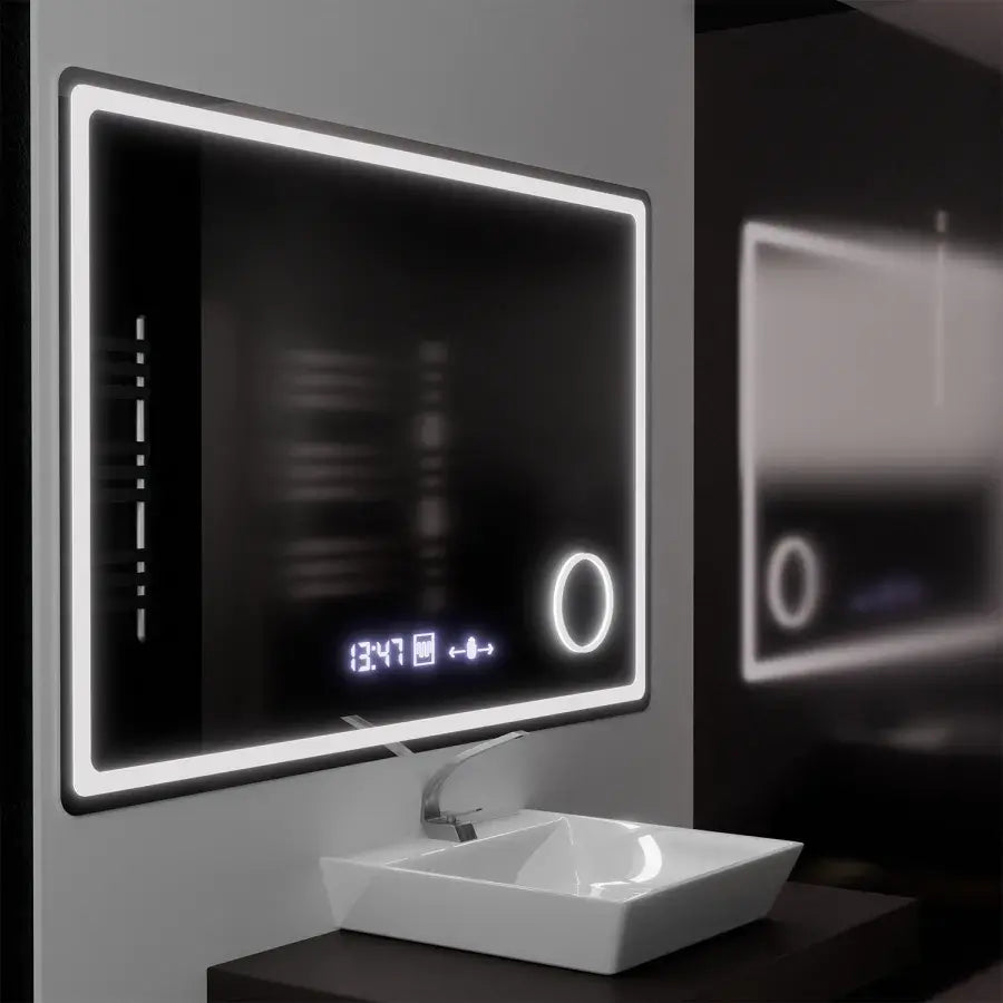 Obdélníkové LED zrcadlo, 120x80cm, Souverain MotionGlow Marcello, Systém odmlžování, Hodiny a teploměr, Kosmetická lupa, Stmívatelné Marcello Zrcadla Výchozí název Alessandro Design