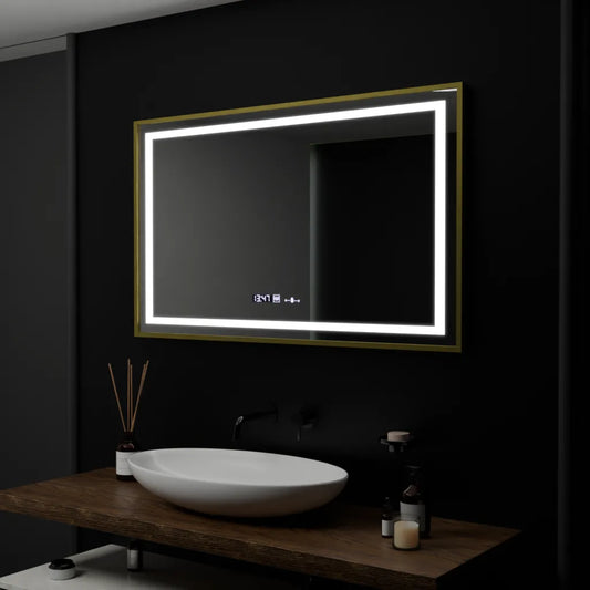 Obdélníkové LED zrcadlo, 100 x 80 cm, Verite Royale Gold Motion Glow Marcello, systém odmlžování, hodiny a teploměr, stmívatelná zrcátka Marcello Výchozí název Alessandro Design