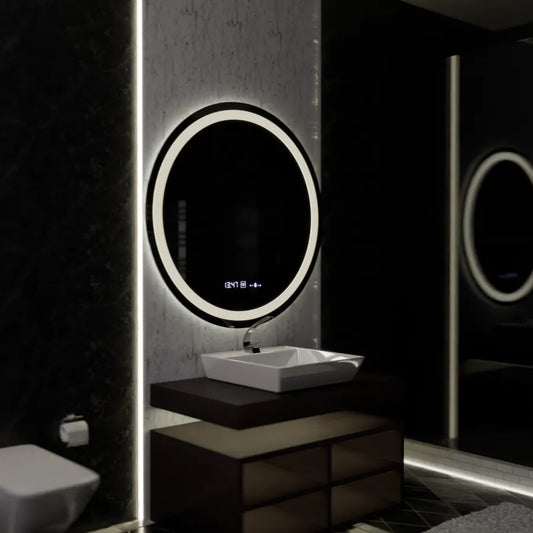 LED kulaté zrcadlo, 100 cm, Celeste MotionGlow Marcello, odmlžovací systém, hodiny a teploměr, Dimabila zrcátka Marcello Výchozí název Alessandro Design