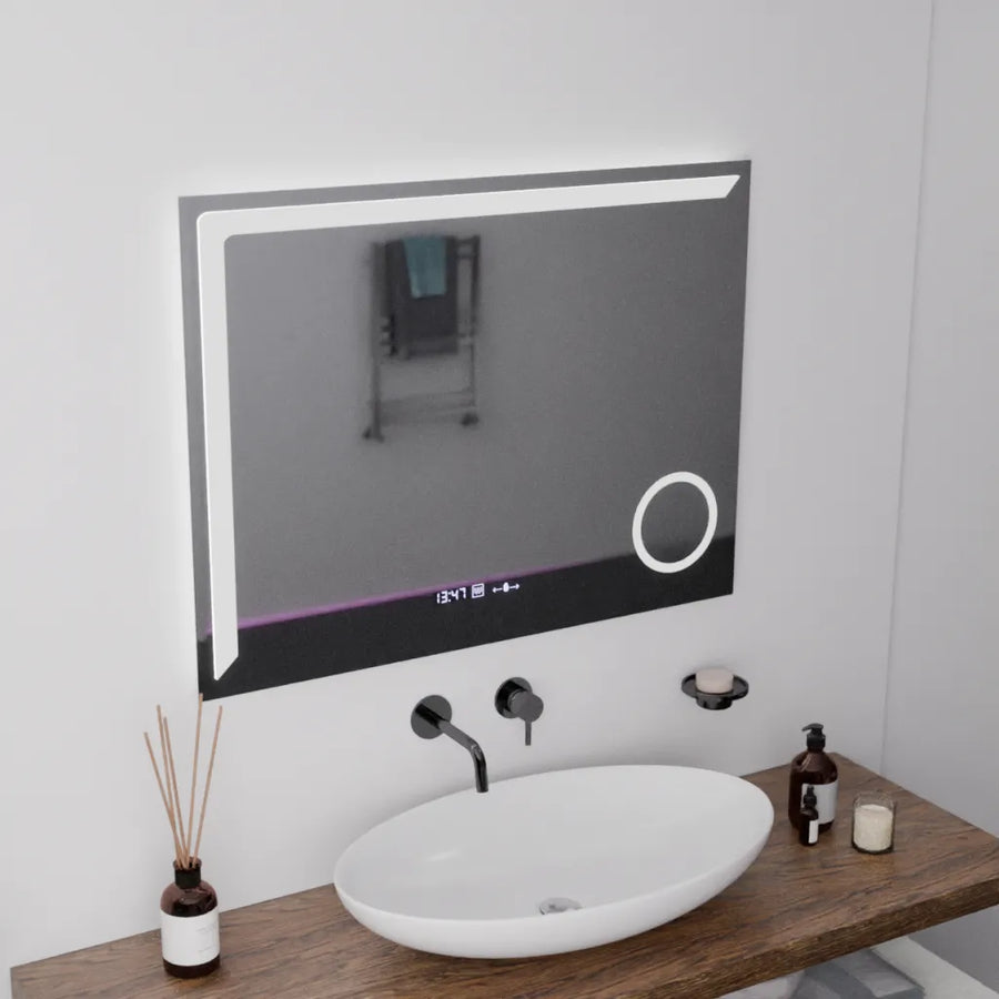 Obdélníkové LED zrcadlo, 80x60cm, Precision MotionGlow Marcello, Systém odmlžování, Hodiny & Teploměr, Kosmetická lupa, Stmívatelné Marcello Zrcadla Výchozí název Alessandro Design
