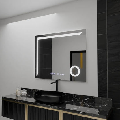Obdélníkové LED zrcadlo, 100x80cm, Precision MotionGlow Marcello, Systém odmlžování, Hodiny & Teploměr, Kosmetická lupa, Stmívatelná zrcátka Marcello Výchozí název Alessandro Design