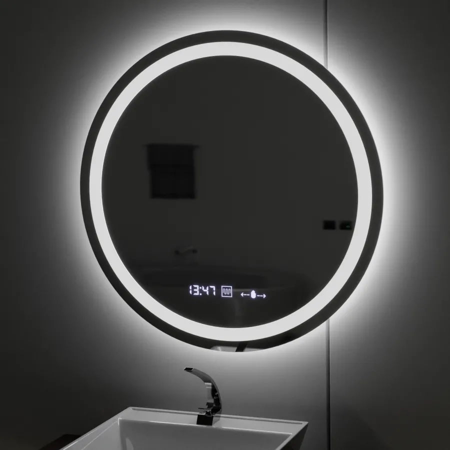 Kulaté LED zrcadlo, průměr 50 cm, Celeste MotionGlow Marcello, systém odmlžování, hodiny a teploměr, stmívatelné, teplé neutrální studené světlo 3000K/4000K/6000K Marcello Mirrors Výchozí název Alessandro Design