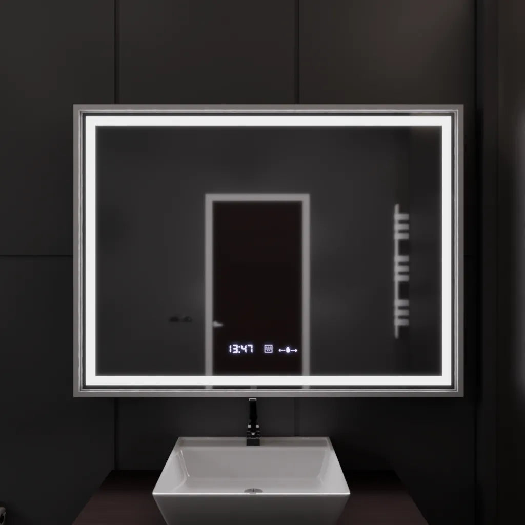 Obdélníkové LED zrcadlo, 120x80cm, Verite Imperial Silver Motion Glow Marcello, systém odmlžování, hodiny a teploměr, stmívatelná zrcátka Marcello Výchozí název Alessandro Design