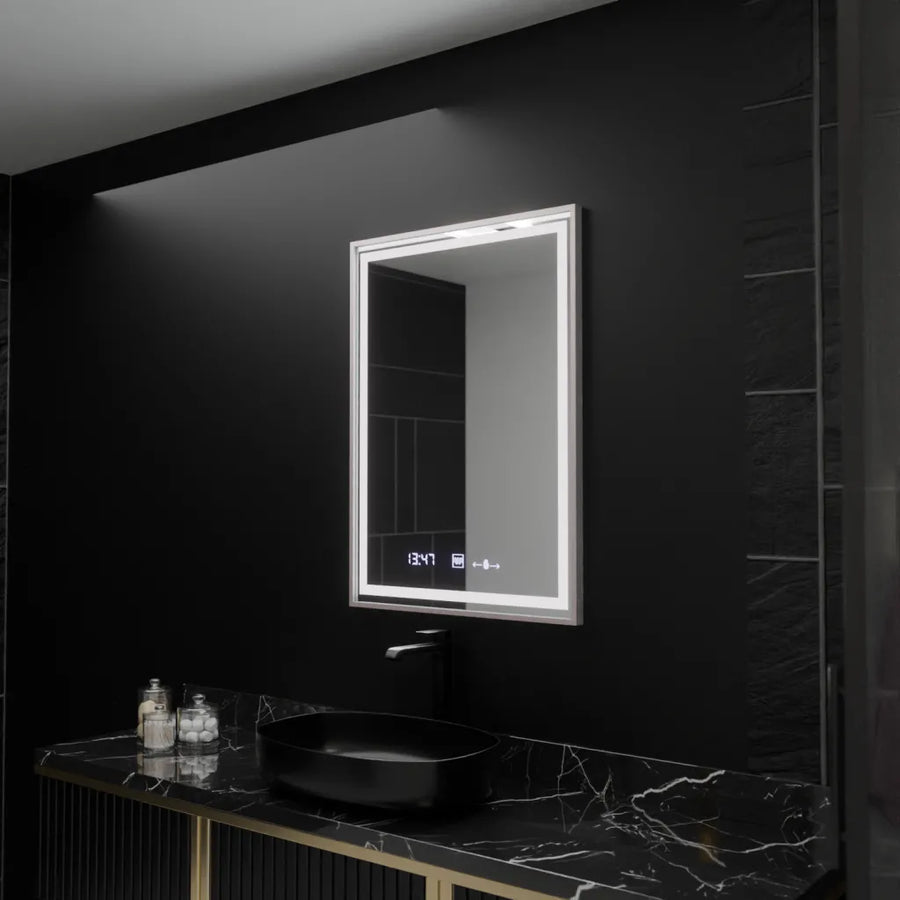 Obdélníkové LED zrcadlo, 60x80cm, Verite Imperial Silver Motion Glow Marcello, Demister System, Hodiny a teploměr, Stmívatelná zrcátka Marcello Výchozí název Alessandro Design